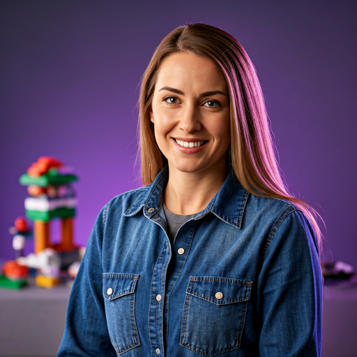 Portrait of a female builder in a high-tech studio setting with soft purple rim lighting and LEGO bricks in the background