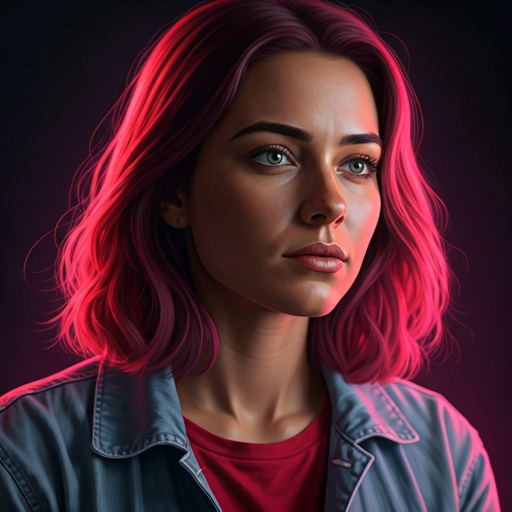 Close up portrait of a creative woman builder under vibrant pink and magenta lighting, futuristic aesthetic