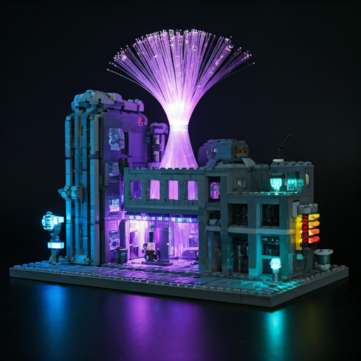 Cinematic wide shot of a futuristic LEGO city build with glowing neon cyan and purple fiber optic lights in a dark studio setting