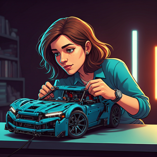 Close up of a female creator with neon studio lighting building a complex LEGO technics supercar engine