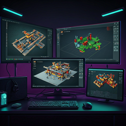Multiple monitors displaying LEGO build streams and 3D modeling software in a dark room with neon backlighting